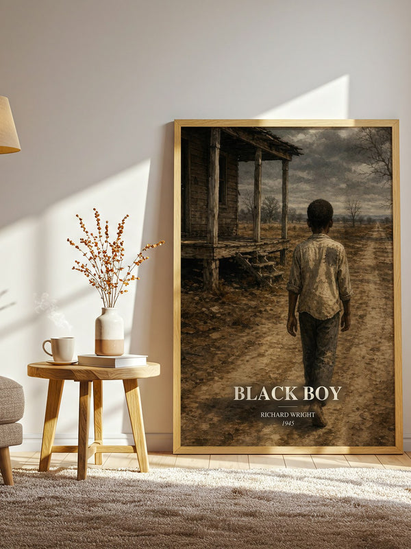 Black Boy watercolour print in frame leaning in hallway – memoir wall art