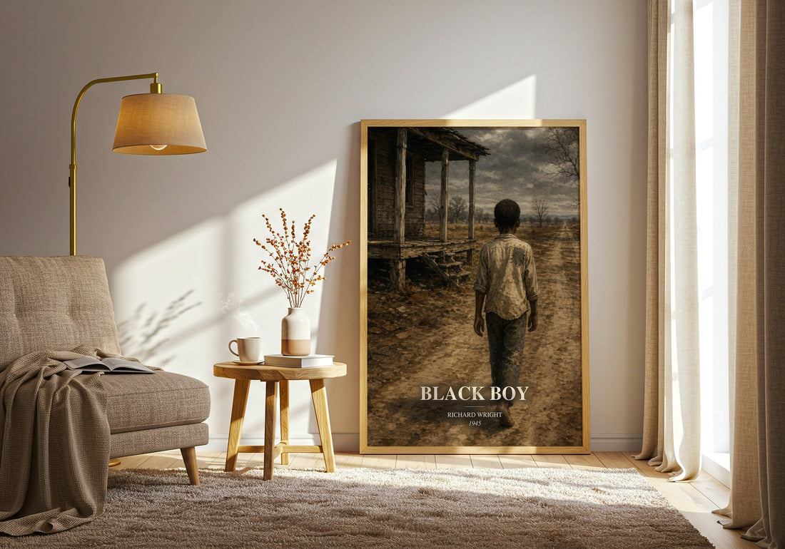 Black Boy watercolour print in frame leaning in hallway – memoir wall art (mockup)