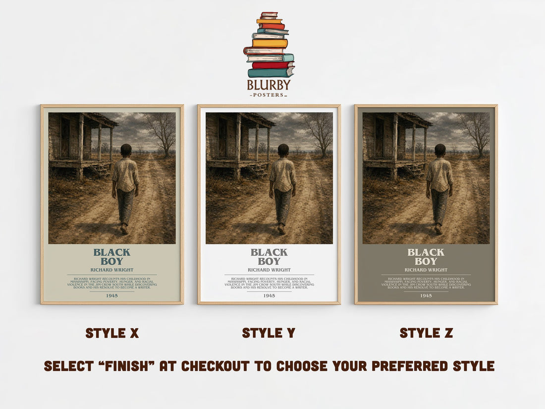 Black Boy bookish print in frame leaning in hallway – memoir wall art (mockup)