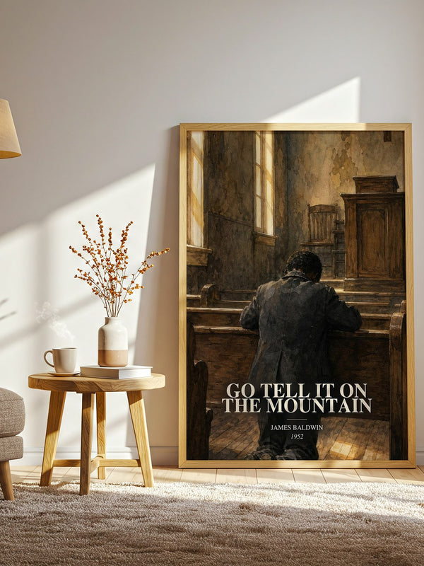 Go Tell It on the Mountain watercolour print in frame leaning in hallway – literary fiction wall art