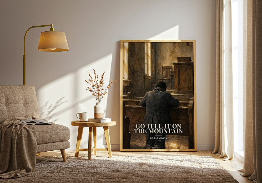 Go Tell It on the Mountain watercolour print in frame leaning in hallway – literary fiction wall art (mockup)