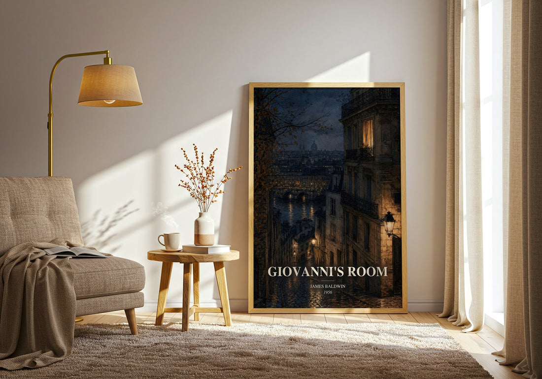 Giovanni's Room watercolour print in frame leaning in hallway – literary fiction wall art (mockup)