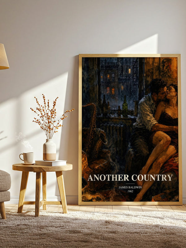 Another Country watercolour print in frame leaning in hallway – literary fiction wall art