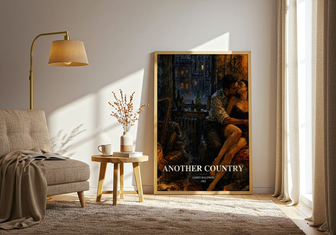 Another Country watercolour print in frame leaning in hallway – literary fiction wall art (mockup)