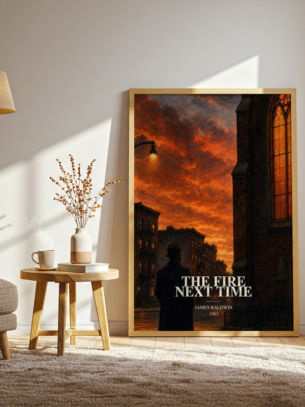 The Fire Next Time watercolour print in frame leaning in hallway – non fiction wall art