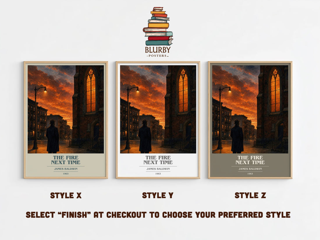 The Fire Next Time book cover print in frame leaning in hallway – non fiction wall art (mockup)