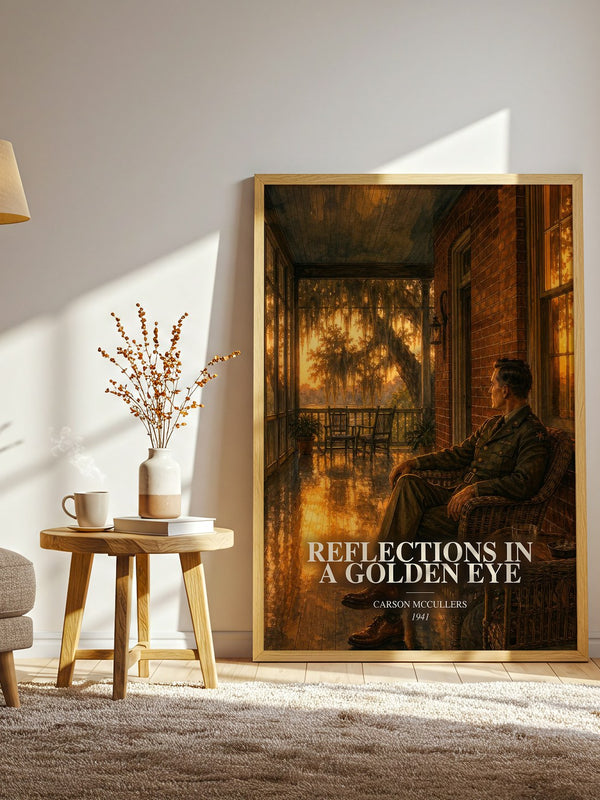 Reflections in a Golden Eye watercolour print in frame leaning in hallway – literary fiction wall art