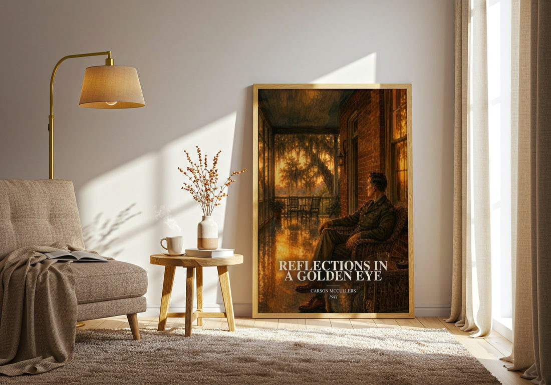 Reflections in a Golden Eye watercolour print in frame leaning in hallway – literary fiction wall art (mockup)
