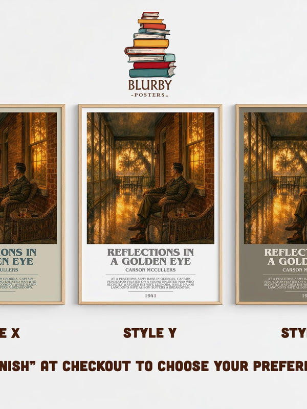Reflections in a Golden Eye bookish print in frame leaning in hallway – literary fiction wall art