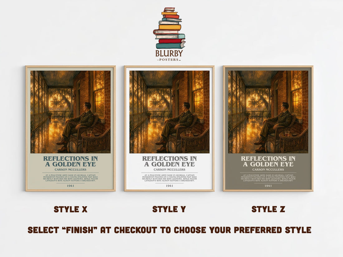 Reflections in a Golden Eye bookish print in frame leaning in hallway – literary fiction wall art (mockup)