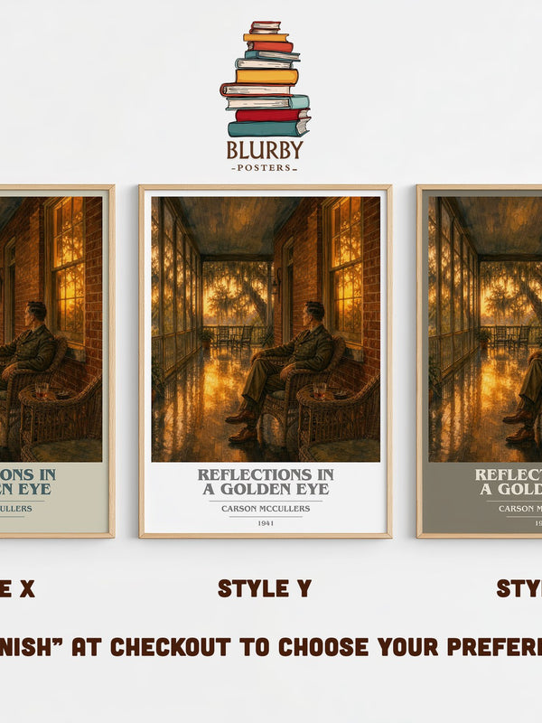 Reflections in a Golden Eye book cover print in frame leaning in hallway – literary fiction wall art
