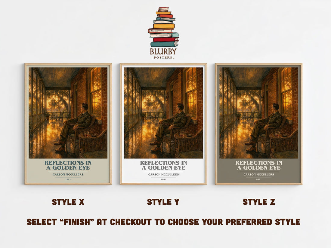 Reflections in a Golden Eye book cover print in frame leaning in hallway – literary fiction wall art (mockup)