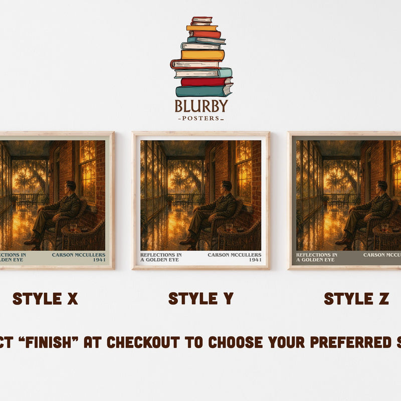 Reflections in a Golden Eye literary print in frame leaning in hallway – literary fiction wall art