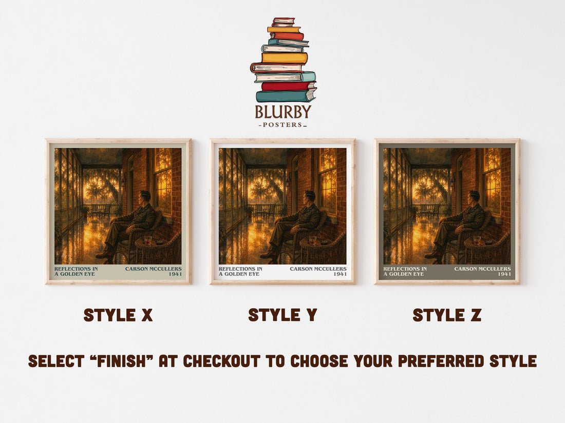 Reflections in a Golden Eye literary print in frame leaning in hallway – literary fiction wall art (mockup)