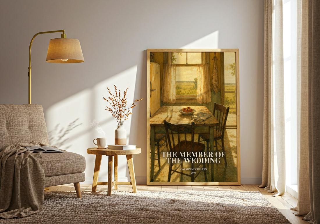 The Member of the Wedding watercolour print in frame leaning in hallway – literary fiction wall art (mockup)