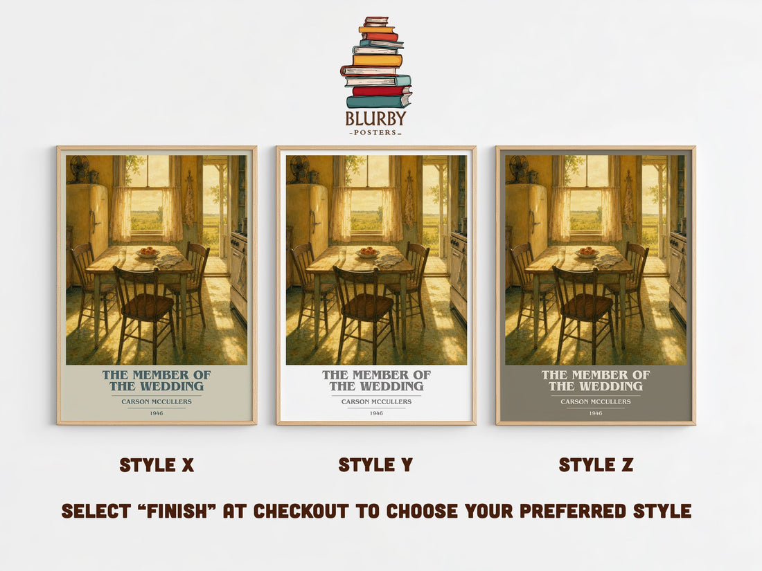 The Member of the Wedding book cover print in frame leaning in hallway – literary fiction wall art (mockup)