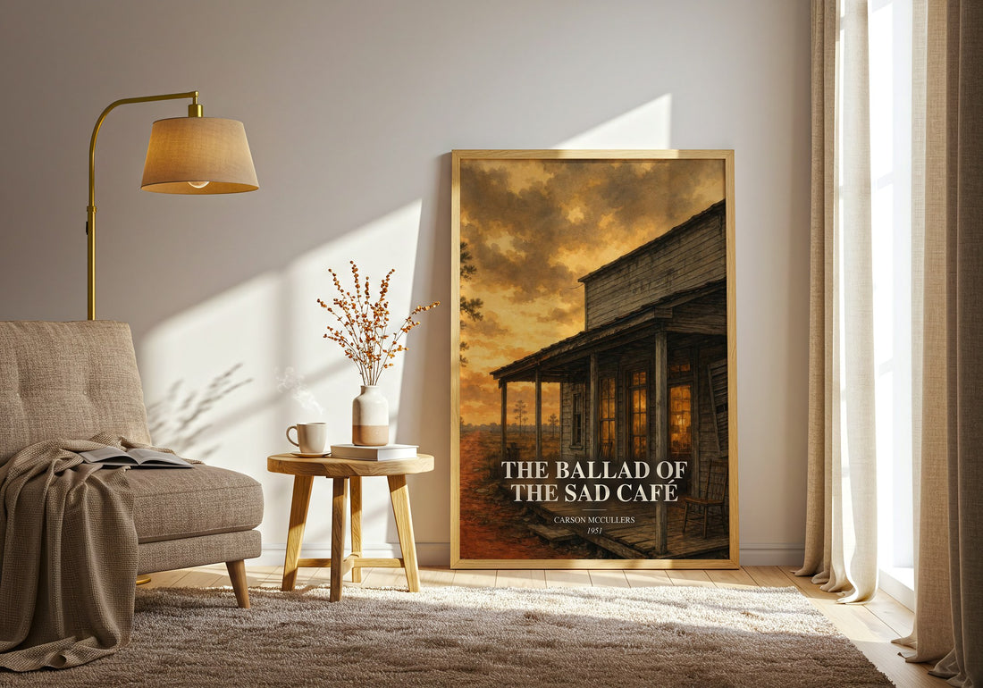 The Ballad of the Sad Café watercolour print in frame leaning in hallway – literary fiction wall art (mockup)