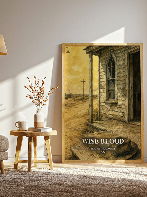 Wise Blood watercolour print in frame leaning in hallway – literary fiction wall art