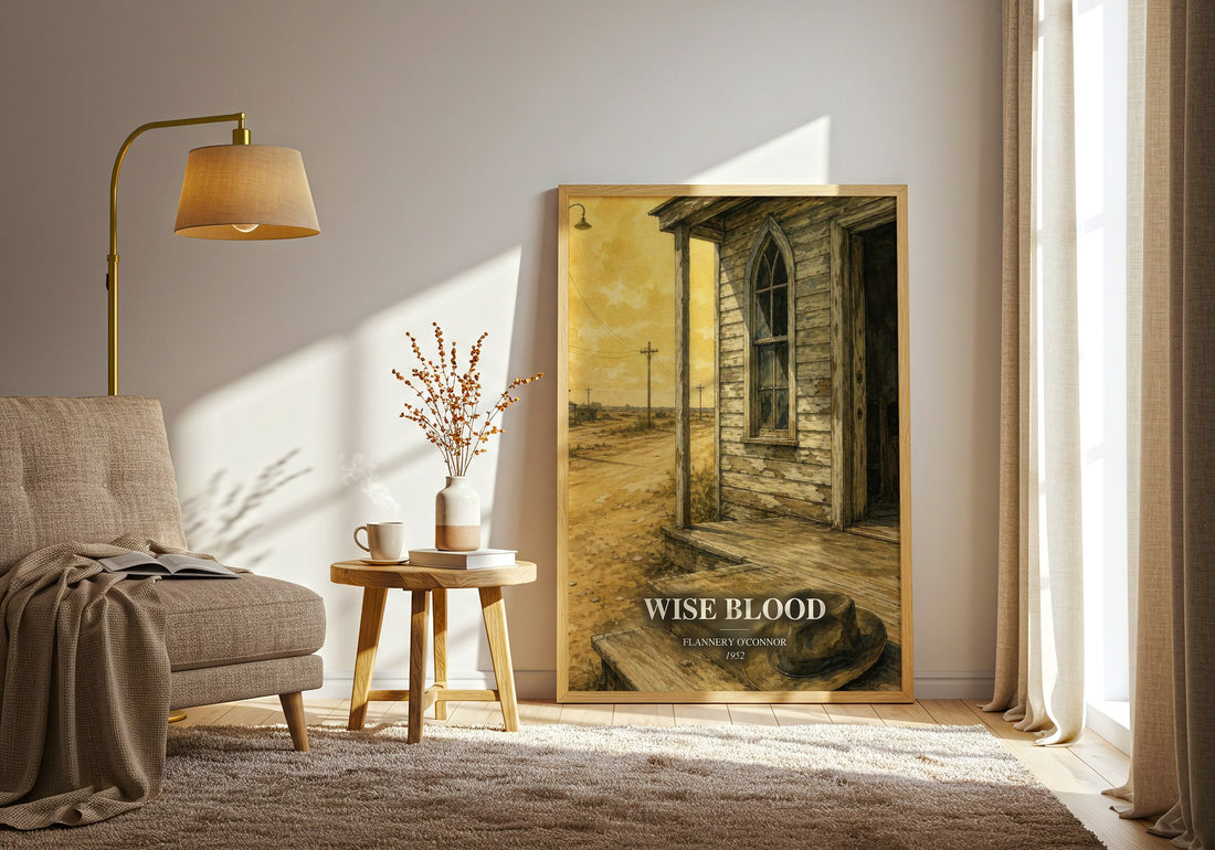 Wise Blood watercolour print in frame leaning in hallway – literary fiction wall art (mockup)
