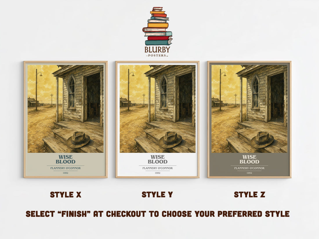 Wise Blood book cover print in frame leaning in hallway – literary fiction wall art (mockup)