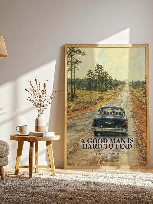 A Good Man Is Hard to Find watercolour print in frame leaning in hallway – literary fiction wall art