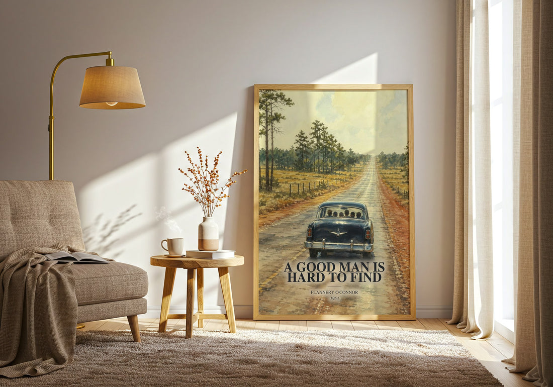 A Good Man Is Hard to Find watercolour print in frame leaning in hallway – literary fiction wall art (mockup)
