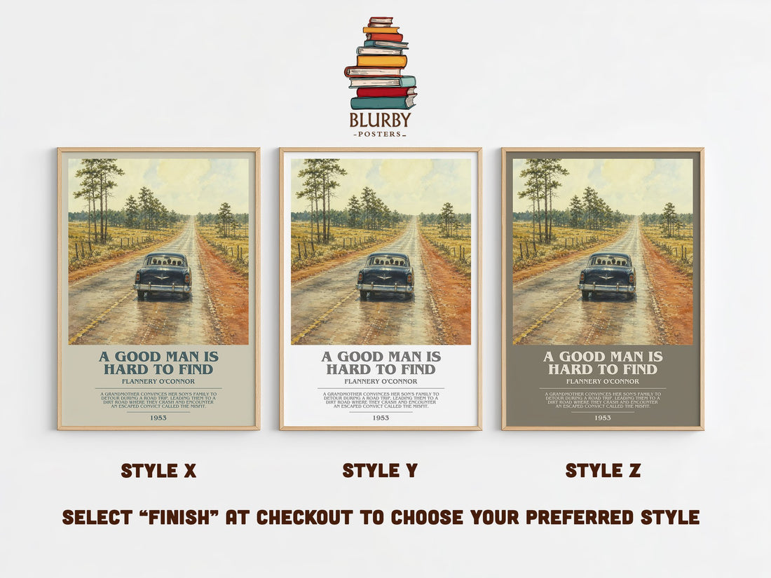 A Good Man Is Hard to Find bookish print in frame leaning in hallway – literary fiction wall art (mockup)