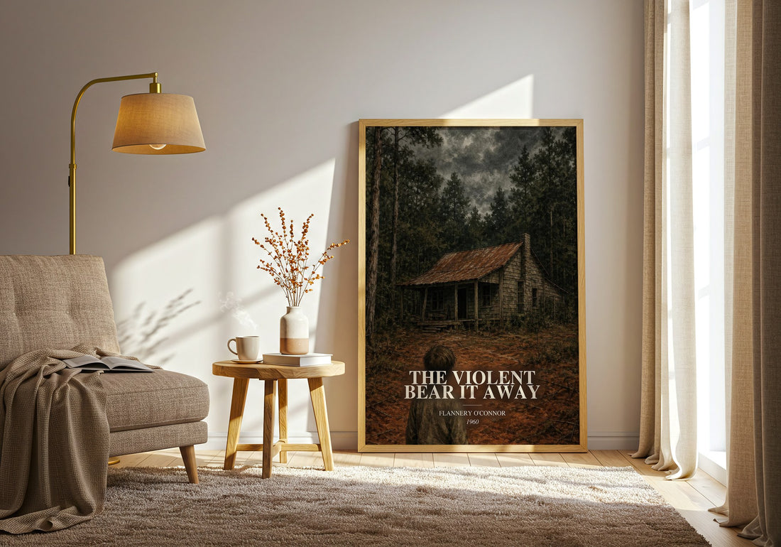 The Violent Bear It Away watercolour print in frame leaning in hallway – gothic wall art (mockup)