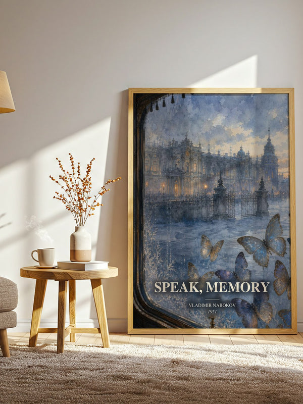 Speak, Memory watercolour print in frame leaning in hallway – memoir wall art