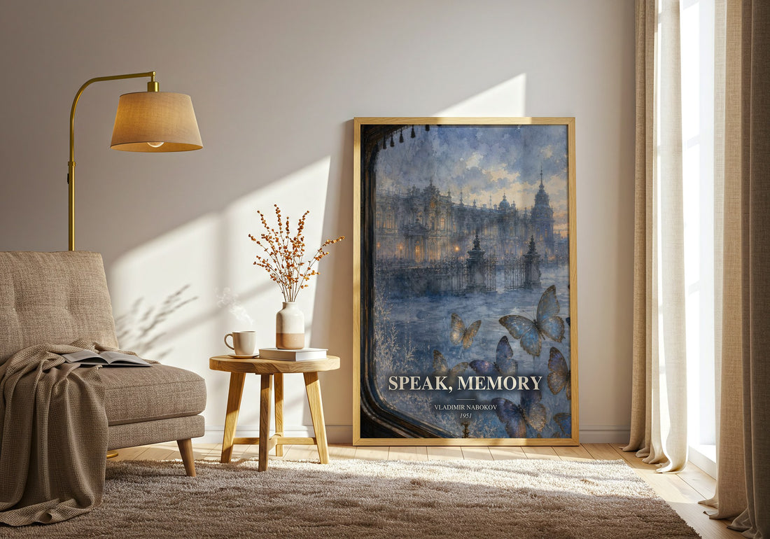 Speak, Memory watercolour print in frame leaning in hallway – memoir wall art (mockup)