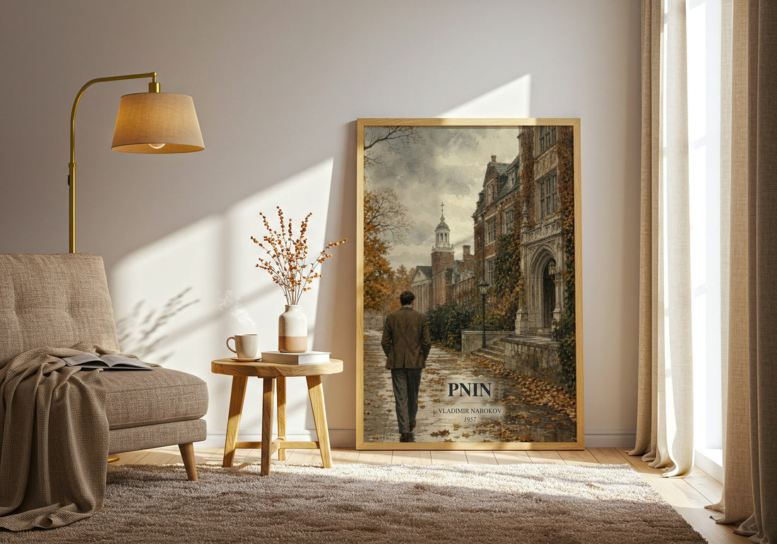 Pnin watercolour print in frame leaning in hallway – literary fiction wall art (mockup)