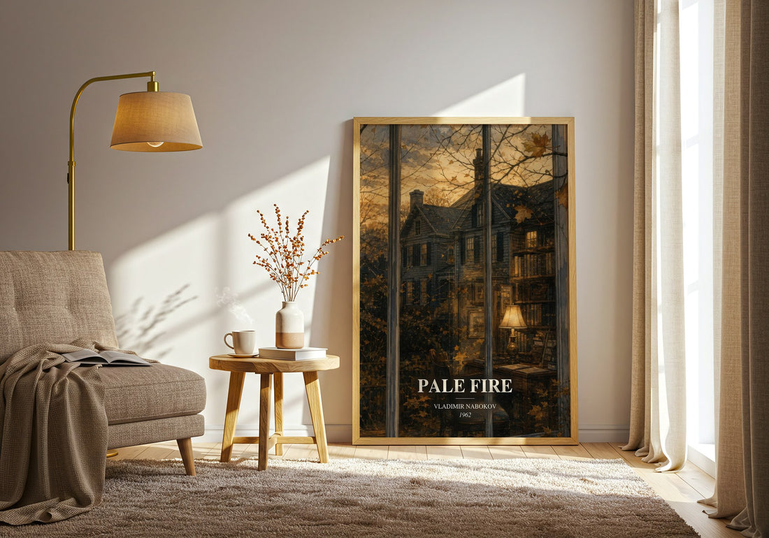 Pale Fire watercolour print in frame leaning in hallway – literary fiction wall art (mockup)