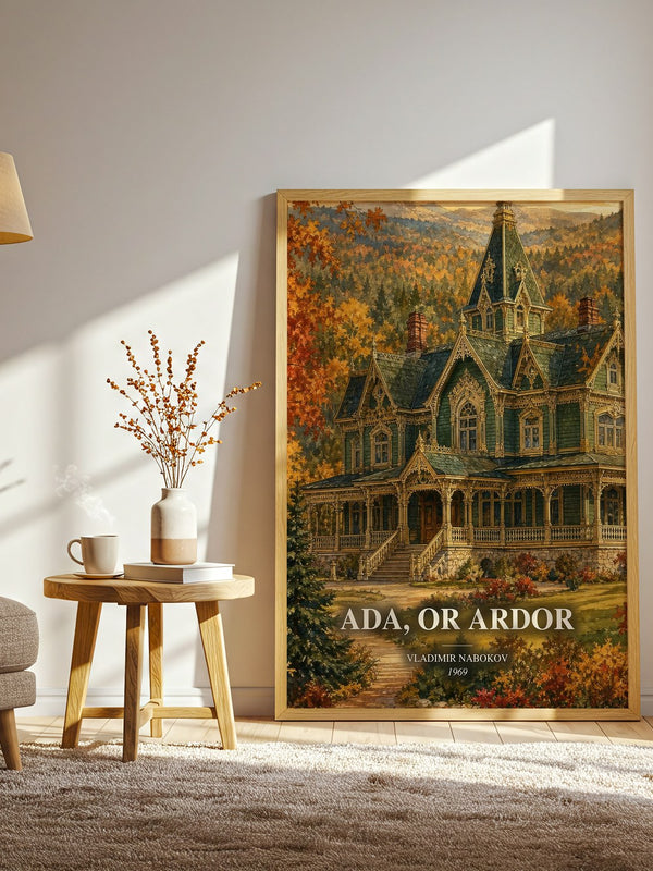 Ada, or Ardor watercolour print in frame leaning in hallway – literary fiction wall art