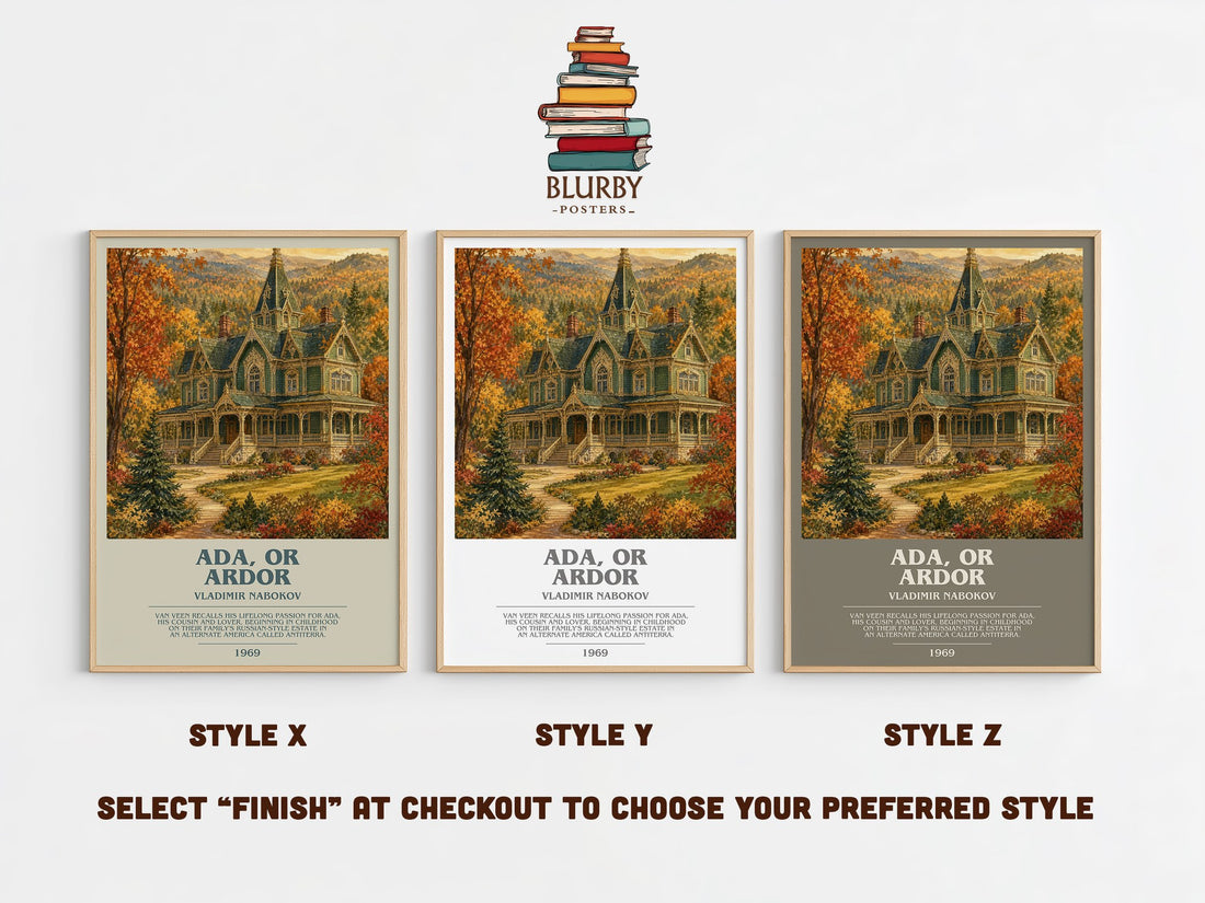 Ada, or Ardor bookish print in frame leaning in hallway – literary fiction wall art (mockup)