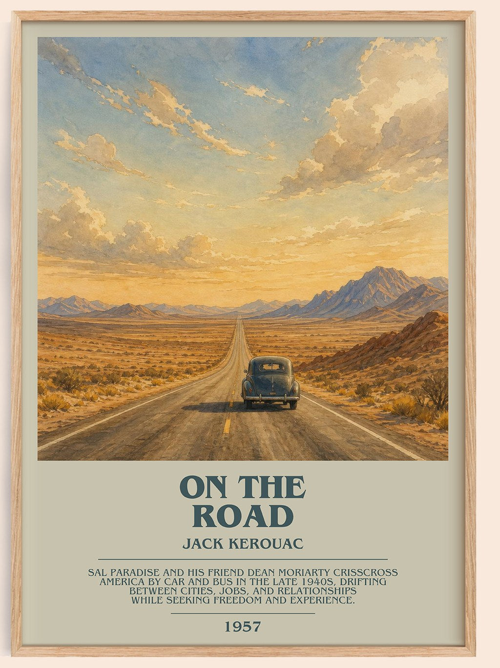 On the Road bookish book poster by Jack Kerouac – framed literary art print