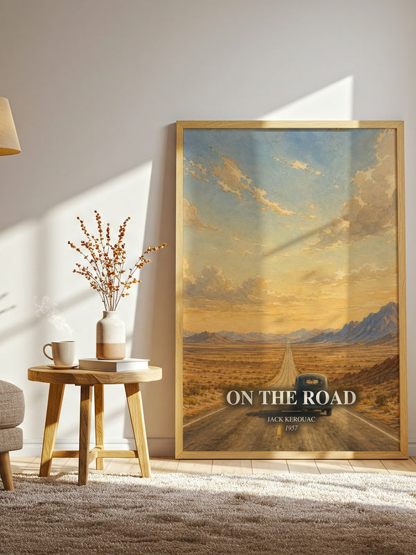 On the Road watercolour print in frame leaning in hallway – literary fiction wall art