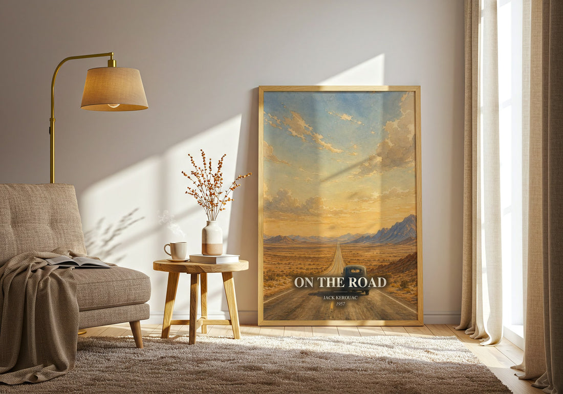 On the Road watercolour print in frame leaning in hallway – literary fiction wall art (mockup)