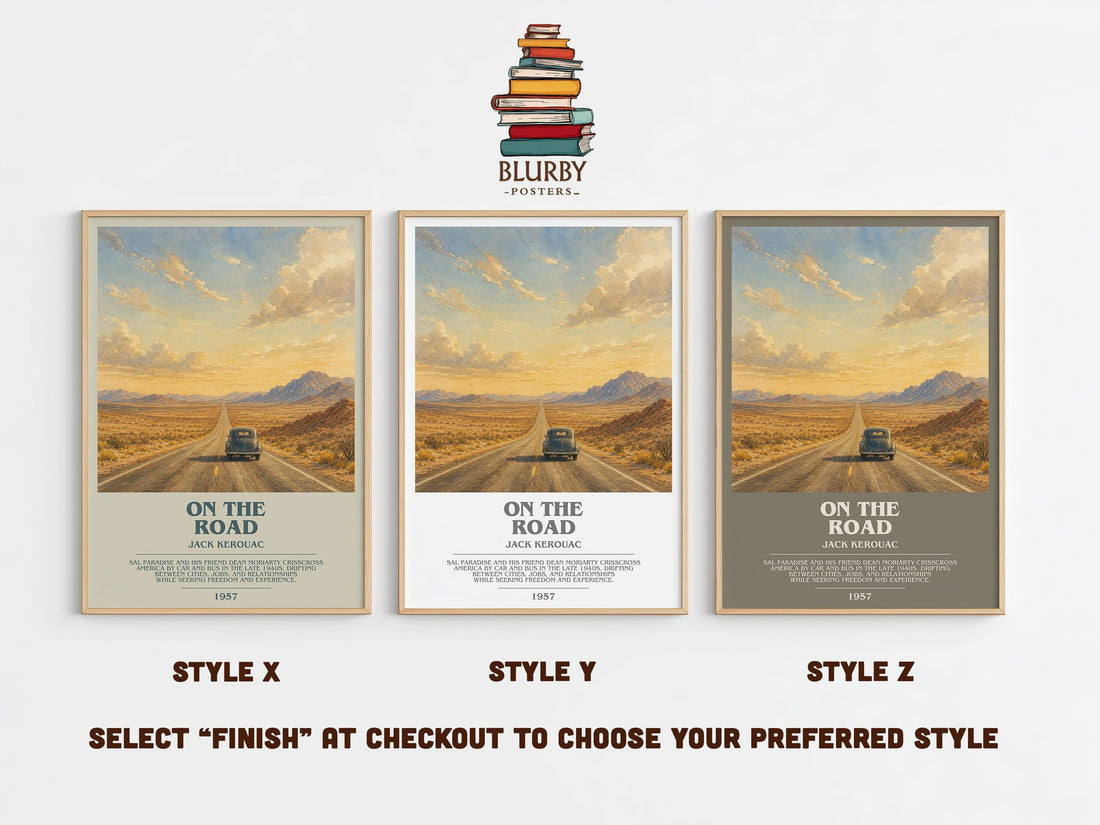 On the Road bookish print in frame leaning in hallway – literary fiction wall art (mockup)