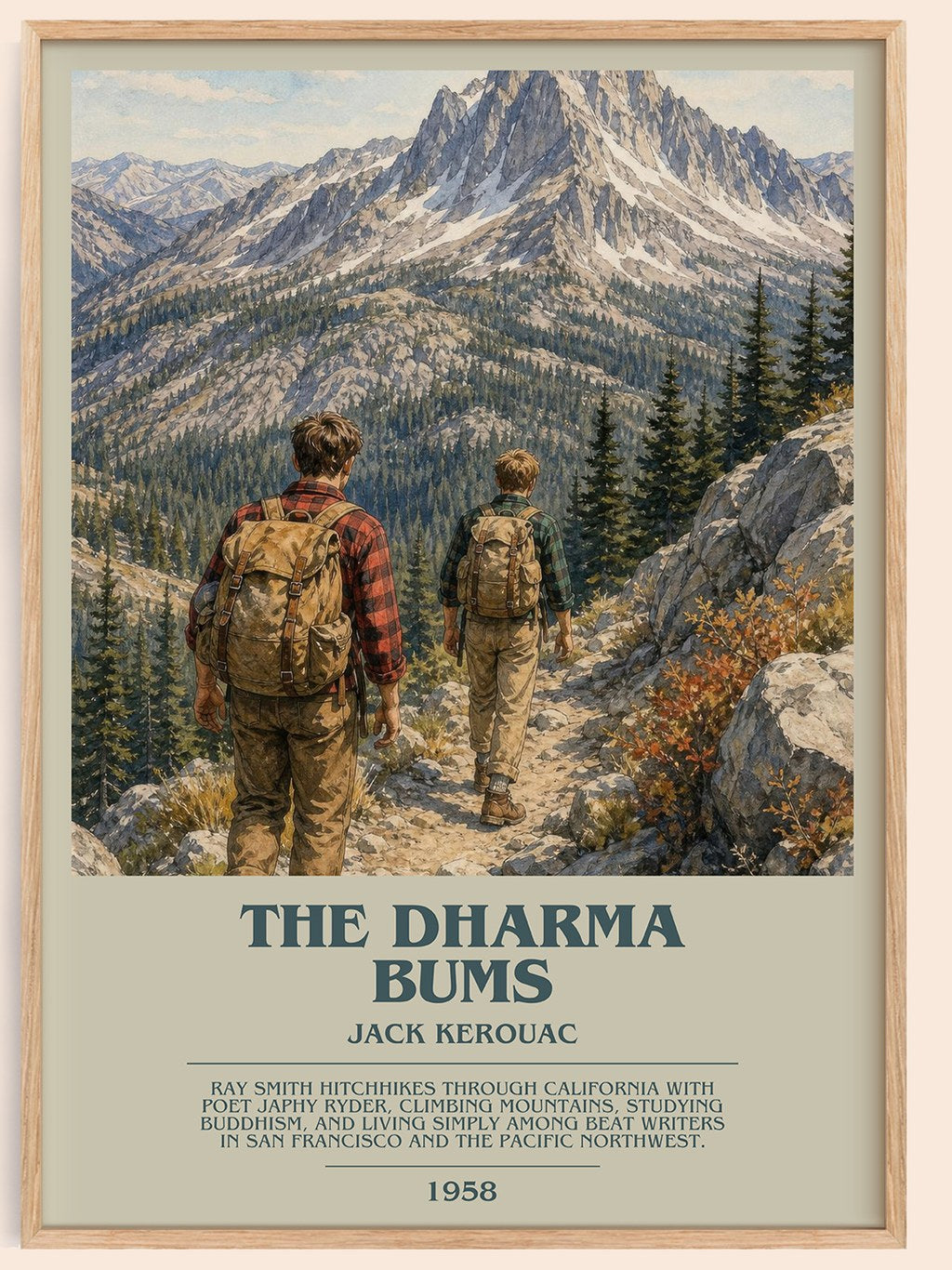 The Dharma Bums bookish book poster by Jack Kerouac – framed literary art print