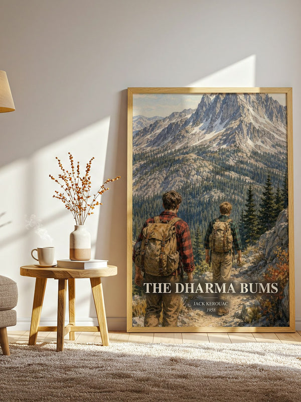 The Dharma Bums watercolour print in frame leaning in hallway – literary fiction wall art