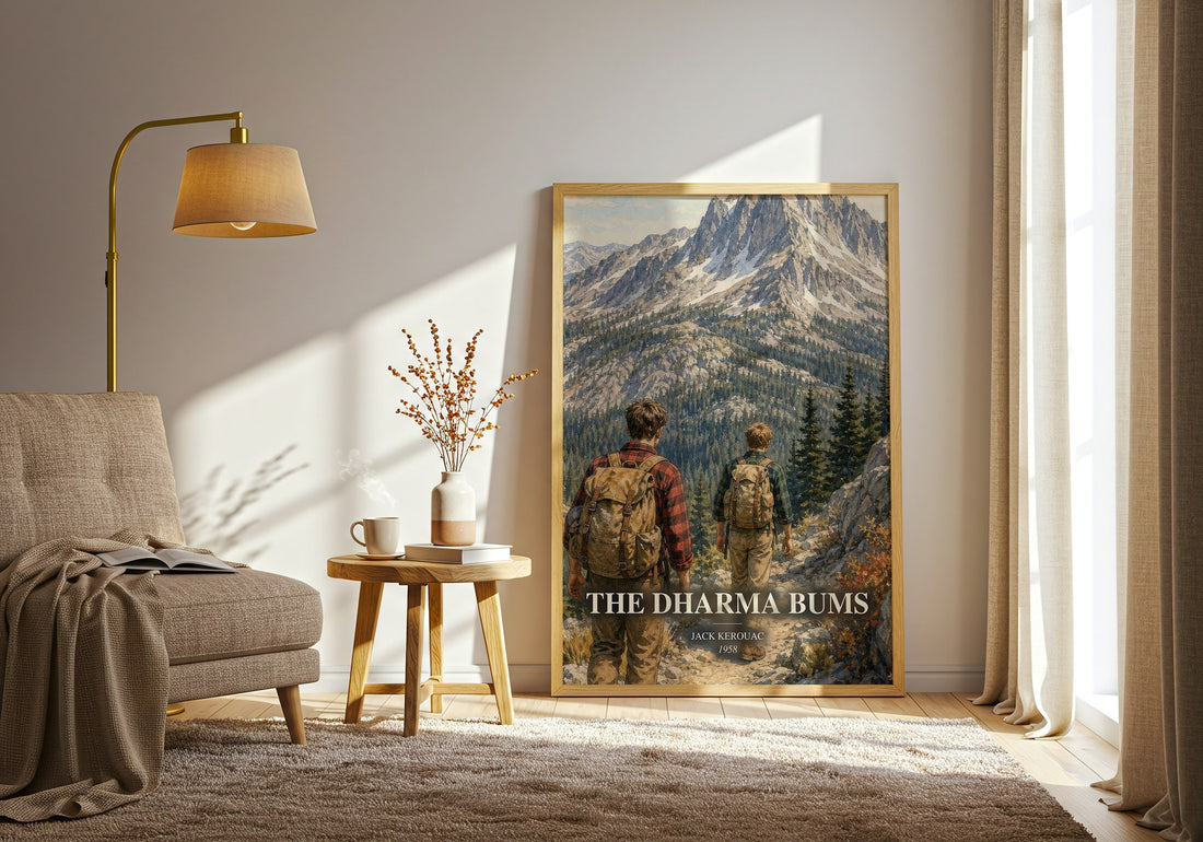 The Dharma Bums watercolour print in frame leaning in hallway – literary fiction wall art (mockup)