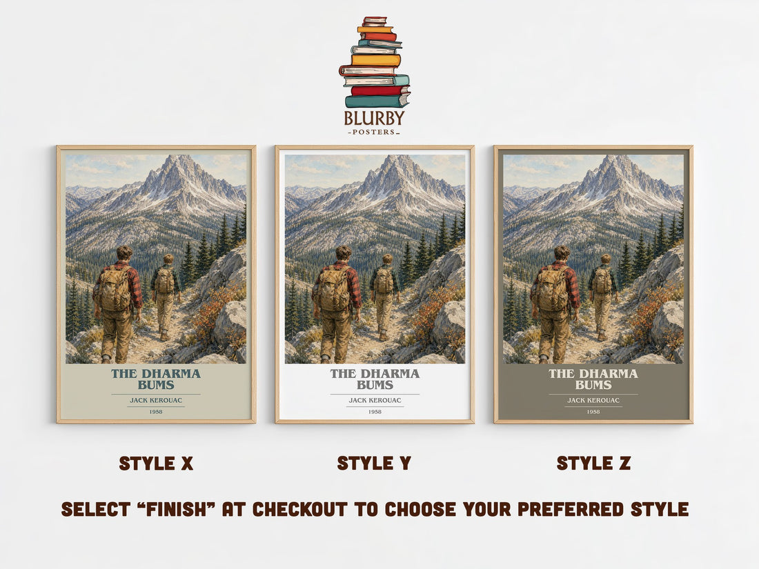 The Dharma Bums book cover print in frame leaning in hallway – literary fiction wall art (mockup)