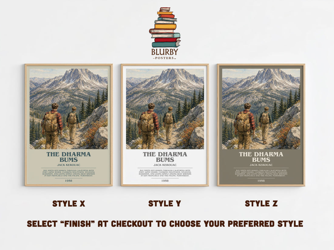The Dharma Bums bookish print in frame leaning in hallway – literary fiction wall art (mockup)