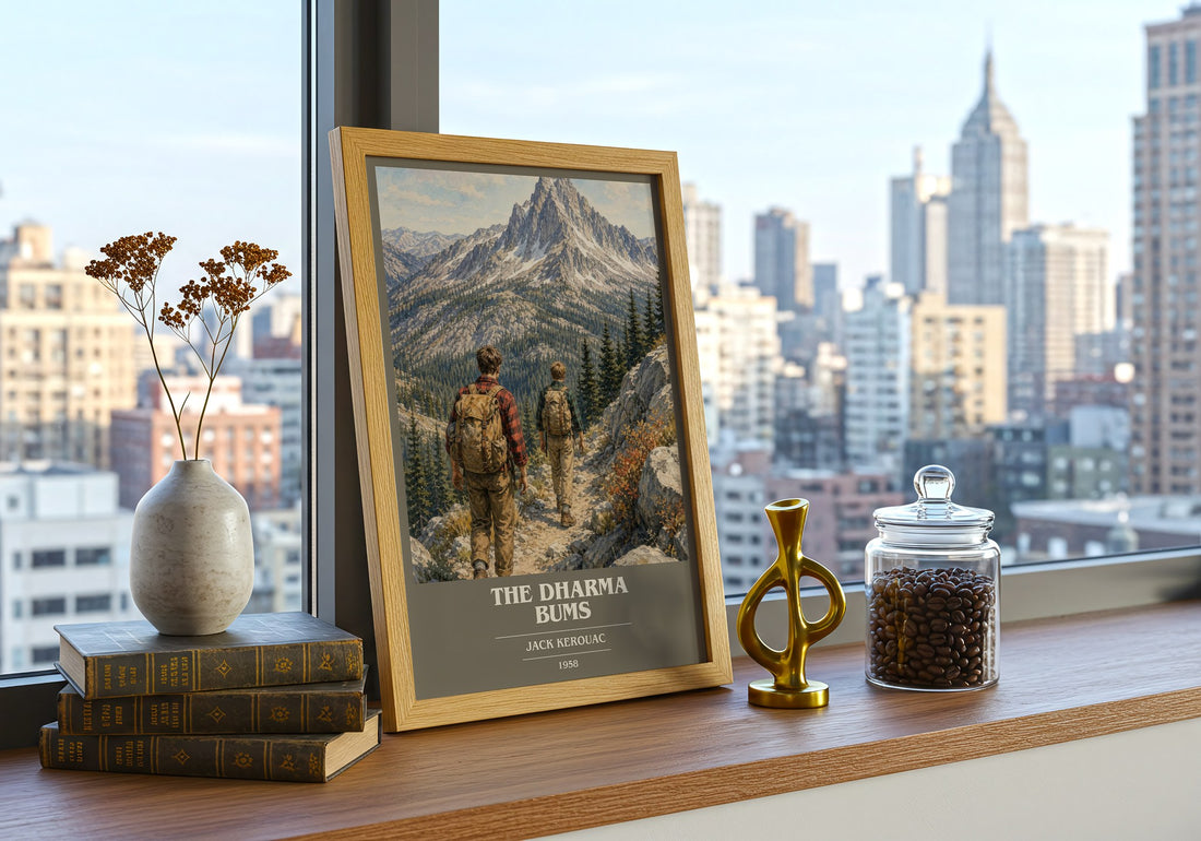 The Dharma Bums book cover print framed by window – literary home decor