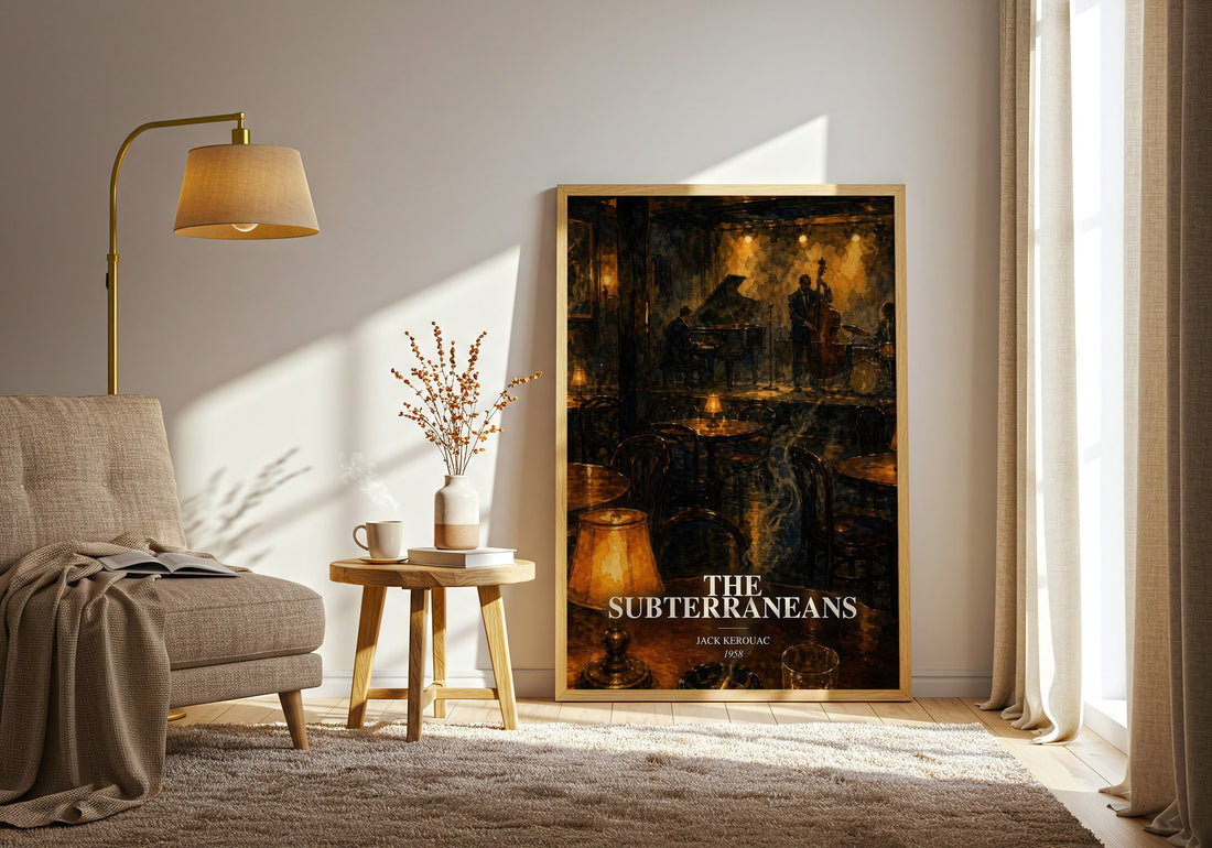 The Subterraneans watercolour print in frame leaning in hallway – literary fiction wall art (mockup)