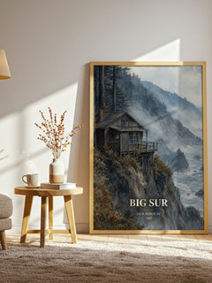 Big Sur watercolour print in frame leaning in hallway – literary fiction wall art