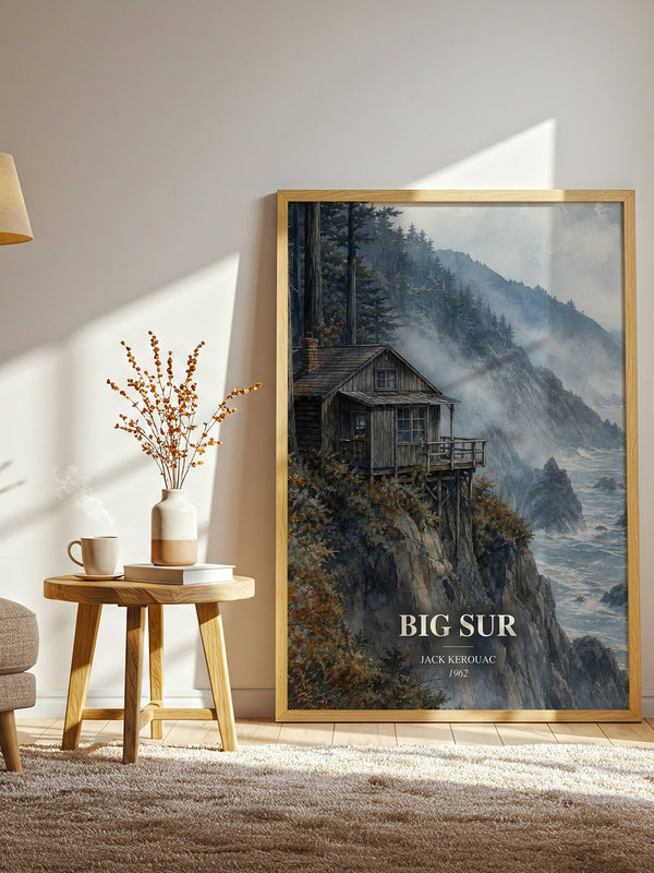 Big Sur watercolour print in frame leaning in hallway – literary fiction wall art