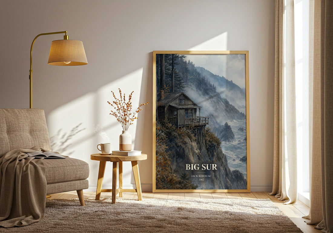 Big Sur watercolour print in frame leaning in hallway – literary fiction wall art (mockup)