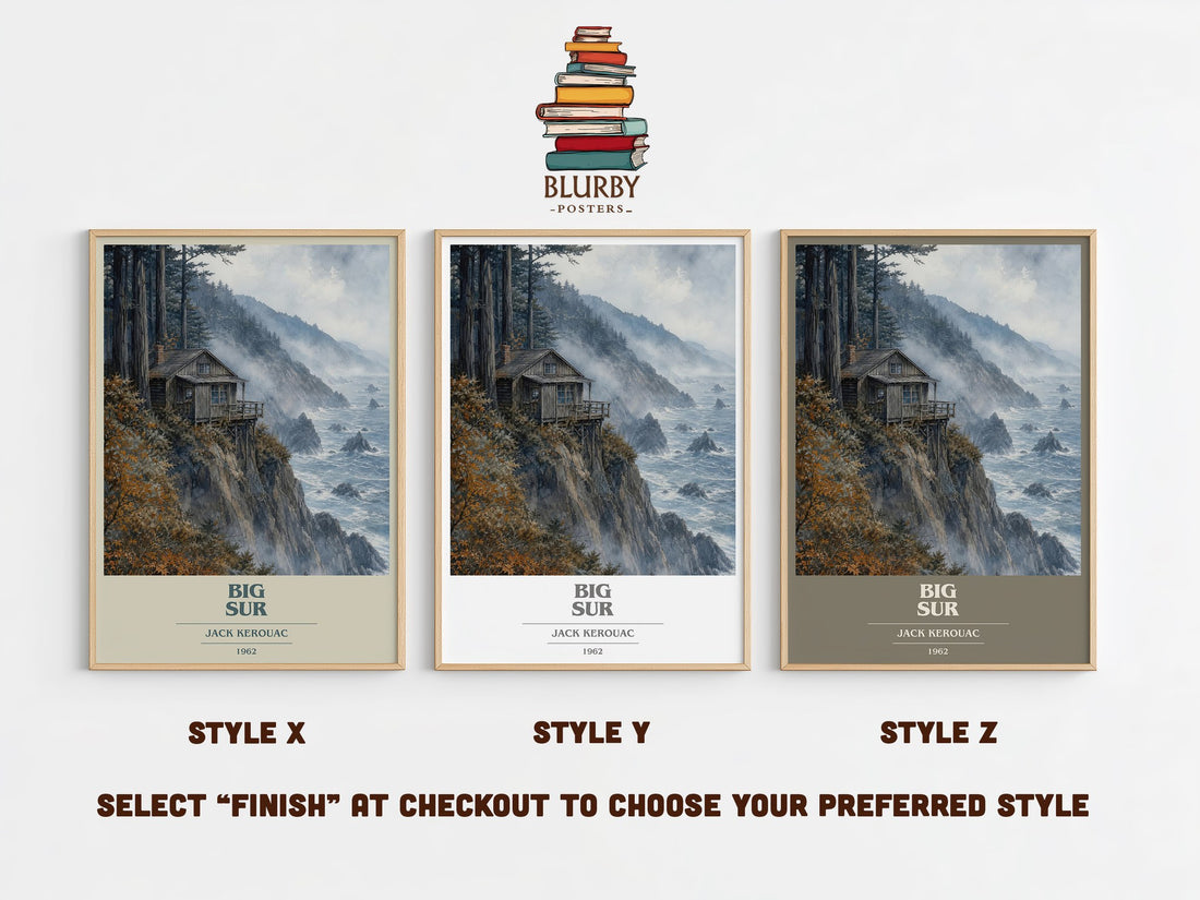 Big Sur book cover print in frame leaning in hallway – literary fiction wall art (mockup)