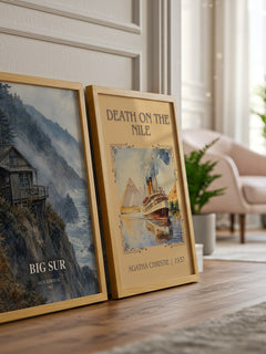 Big Sur watercolour print framed by window – literary home decor